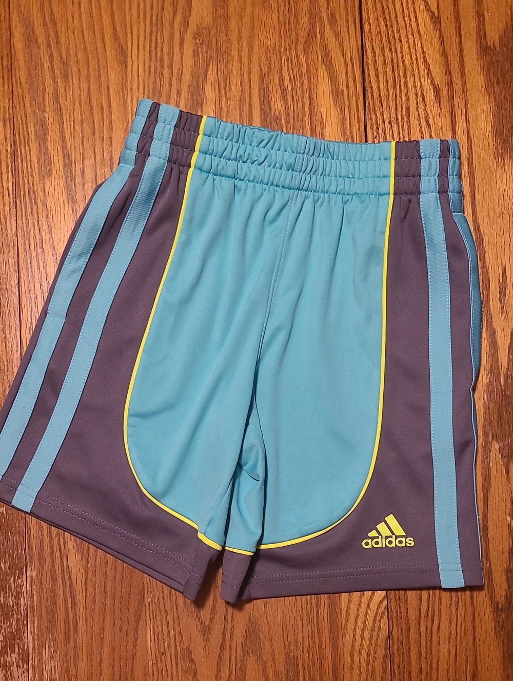adidas Teal and Gray Kids Athletic Shorts with Yellow Trim - Small